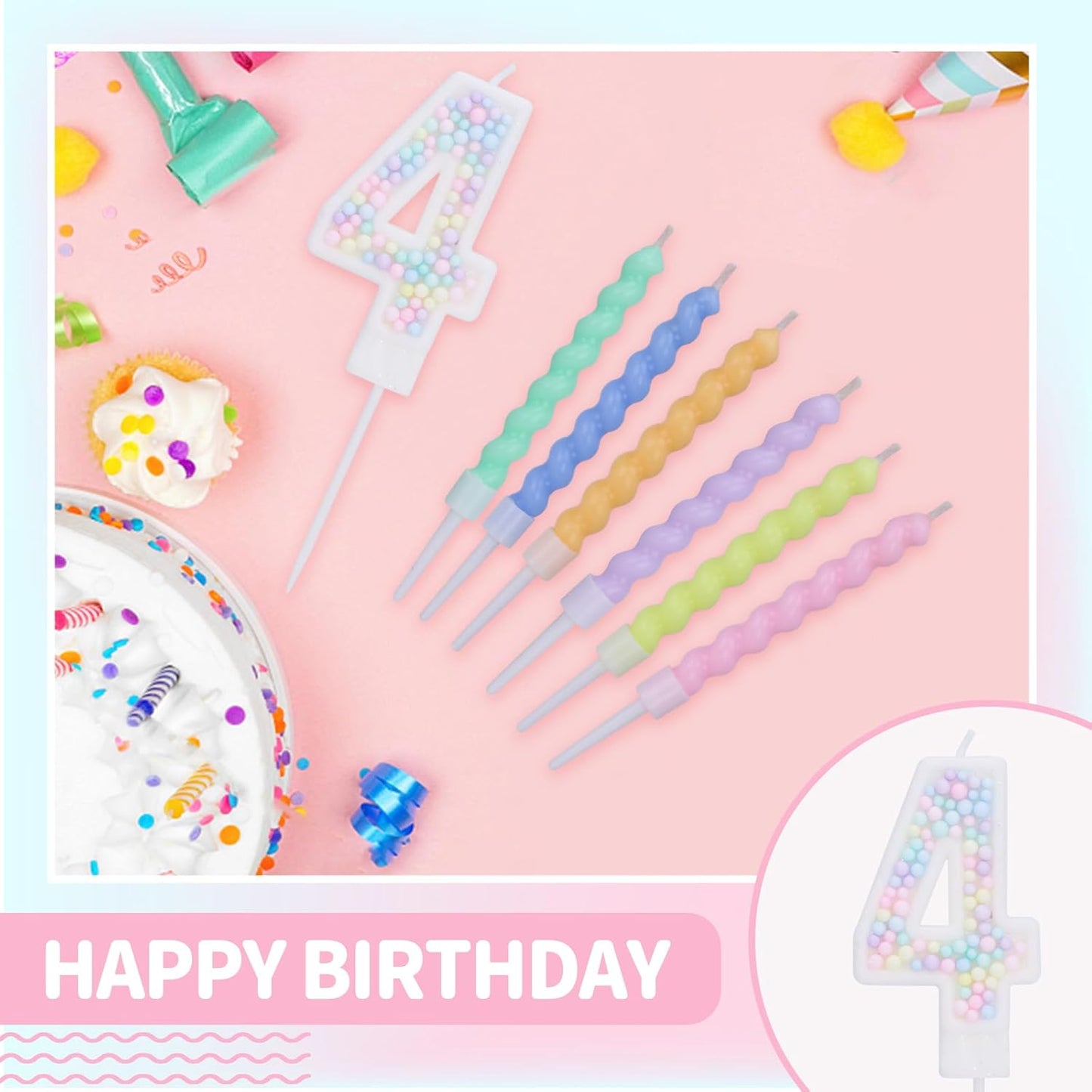 Number 4 Birthday Candles for Cake with 15 Pieces Spiral Candles with Macaron Pastel Rainbow Pink Cake Toppers for Girls Happy Birthday Party Decorations