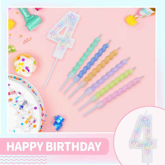 Number 4 Birthday Candles for Cake with 15 Pieces Spiral Candles with Macaron Pastel Rainbow Pink Cake Toppers for Girls Happy Birthday Party Decorations