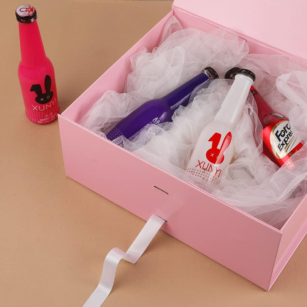 Pink Large Gift Box 13x11x5.3 Inches With Ribbon, Lid Magnetic Closure, Christmas, Rectangle Collapsible for Men Shoes