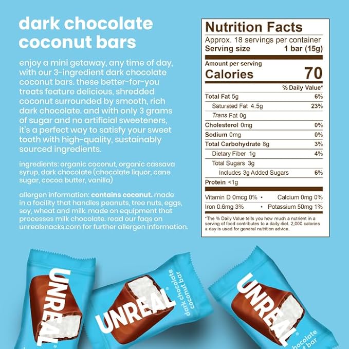 UNREAL Dark Chocolate Coconut Bars (3 Value Size Bags) | Vegan, 3g Sugar, & 3 Simple Ingredients | Non-GMO, Gluten Free, & Fair Trade | 9.5oz each