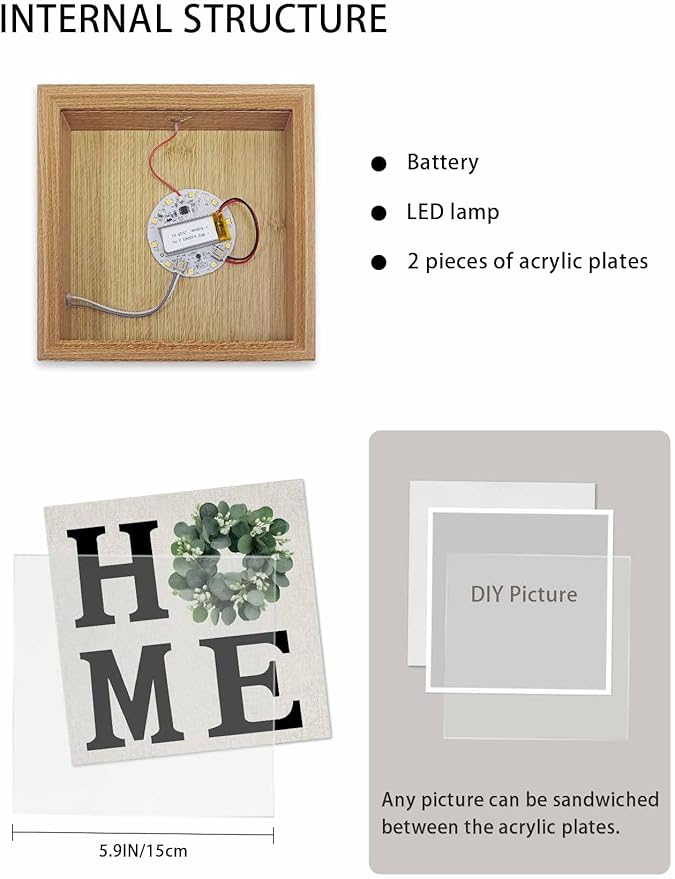 Wood Night Light Box 6.5x6.5in,Home Green Eucalyptus Leaves Garland Table Lights Wooden Picture Frame with USB Rechargeable Touch LED Lights for Home Decor Desktop Display,Retro Linen