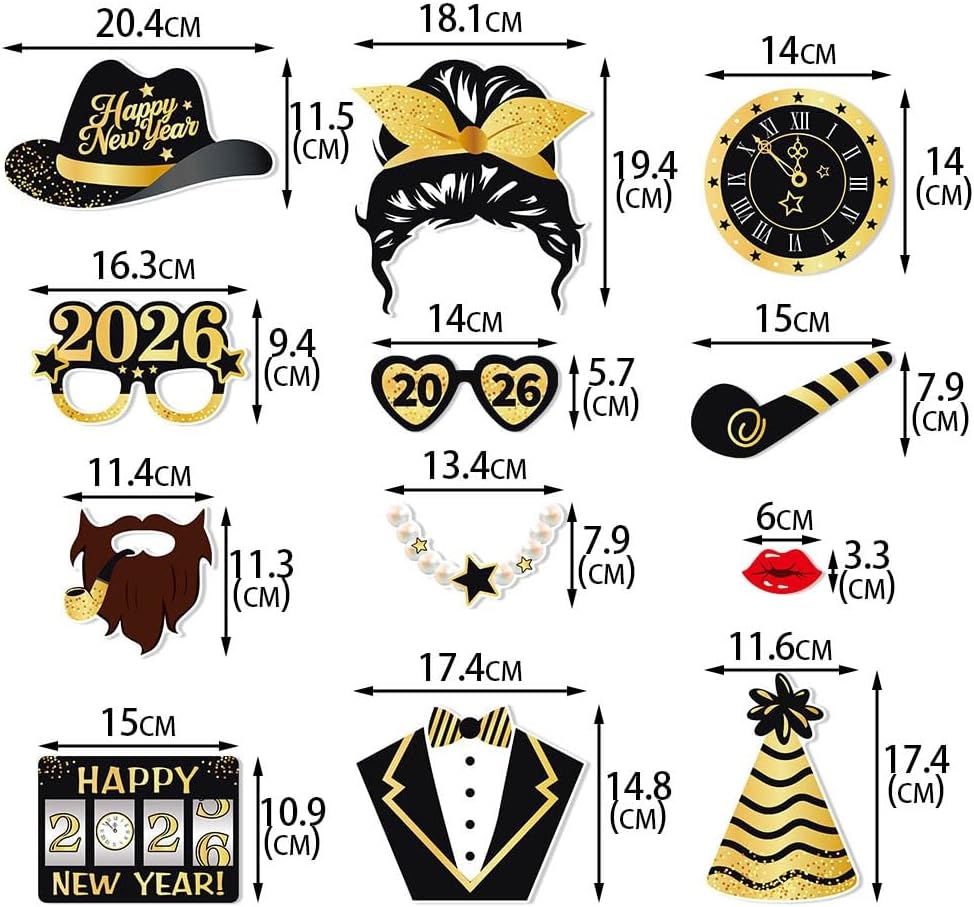 30 PCS New Year Photo Booth Props 2026 New Year Eve Photo Booth Props 2026 Happy New Year Decorations New Year’s Eve Party Supplies Favors for Pictures