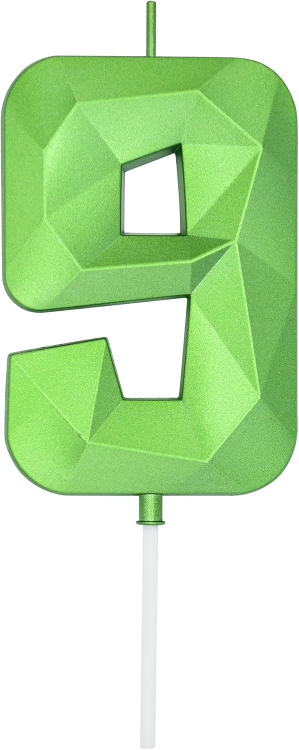 DERVENTA Large Birthday Candle Number 3D Green 3.7 inch Party Celebration Anniversary Decoration Cake Topper 1 Piece (Number 9 Green)