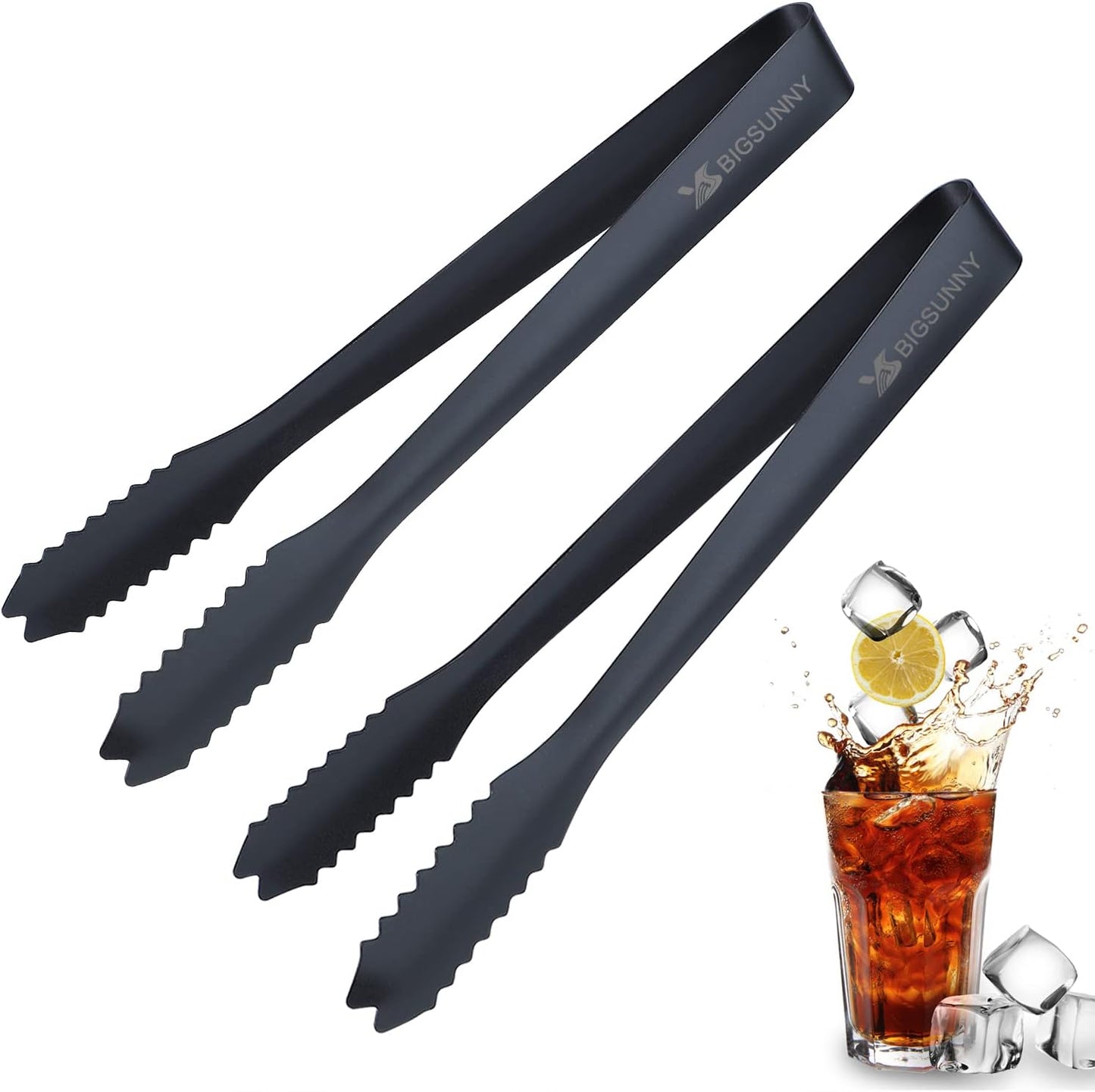 MSY BIGSUNNY 7 Inch Ice Tongs for Ice Bucket, Thickened Stainless Steel Small Serving Tongs, Mirror Polished Metal Tongs (Set of 2, Black)