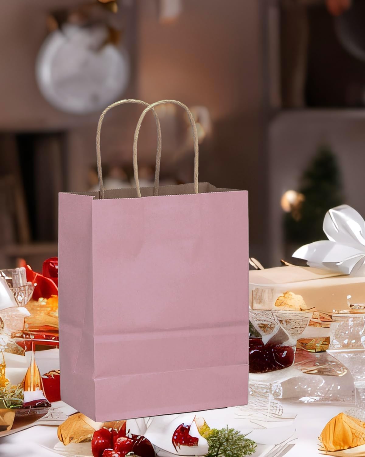 qiqee 100PCS Gift Bag with Handles Bulk Pink Purple Paper Bags Multiple Uses (11"x5"x8" Medium Size)