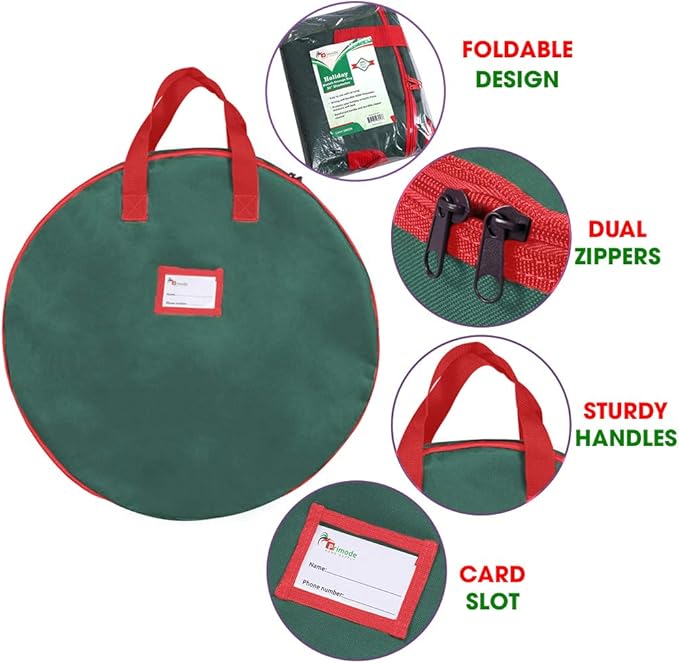 Primode Christmas Wreath Storage Bag 24",2 Pack Artificial Wreath Container,Garland Holiday Xmas Wreaths Holder,Sturdy Handles,Inner Straps,Card Slot Dual Zipper Strong Oxford (24 Inch, Green)