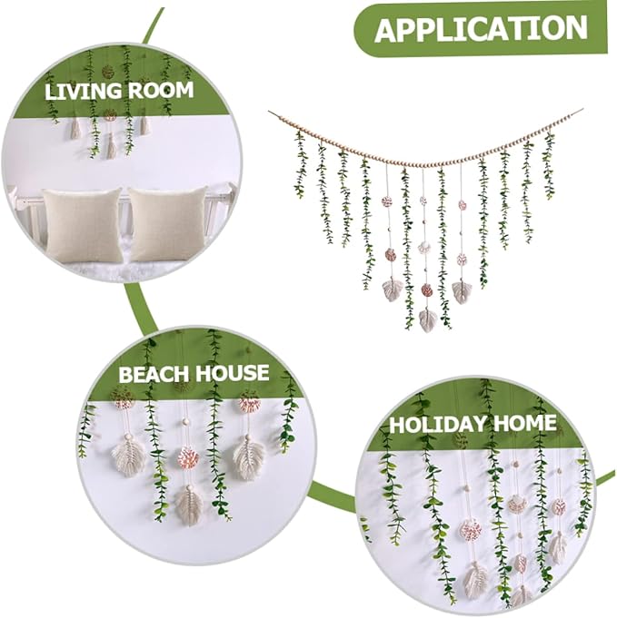 Wooden Bead Fake Vines Garland with Eucalyptus Leaves Shells Lightweight Wall Hanging Decor for Bedroom Living Party Versatile Home Decoration