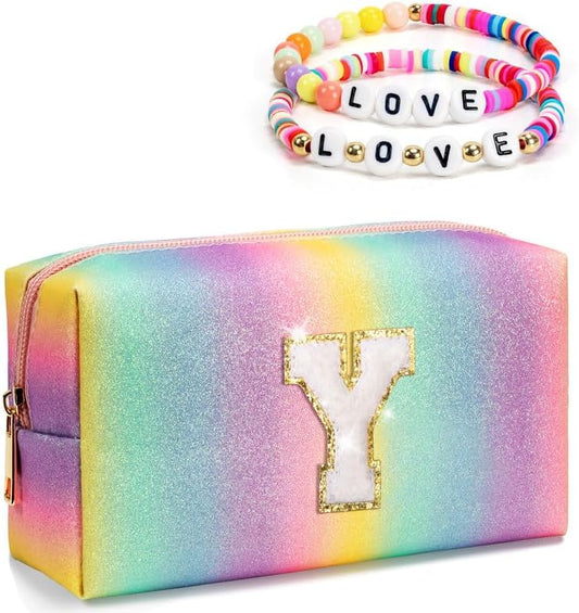 Birthday Gifts Idea, Preppy Girly Bag for Kids, Initial Makeup Bag with Zipper, Toiletry Skincare Pouch for Travel, Personalized Gift for Girlfriend, Friends, Cute Trendy Stuff (Medium)