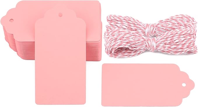 G2PLUS Pink Paper Gift Tags, 100PCS Kraft Paper Tags with String, 2x4 in Blank Hang Tag, Wedding Favor Tag for Gift Wrapping, Arts & Crafts, Valentine's Day, Thanksgiving, and Holiday Party Favors