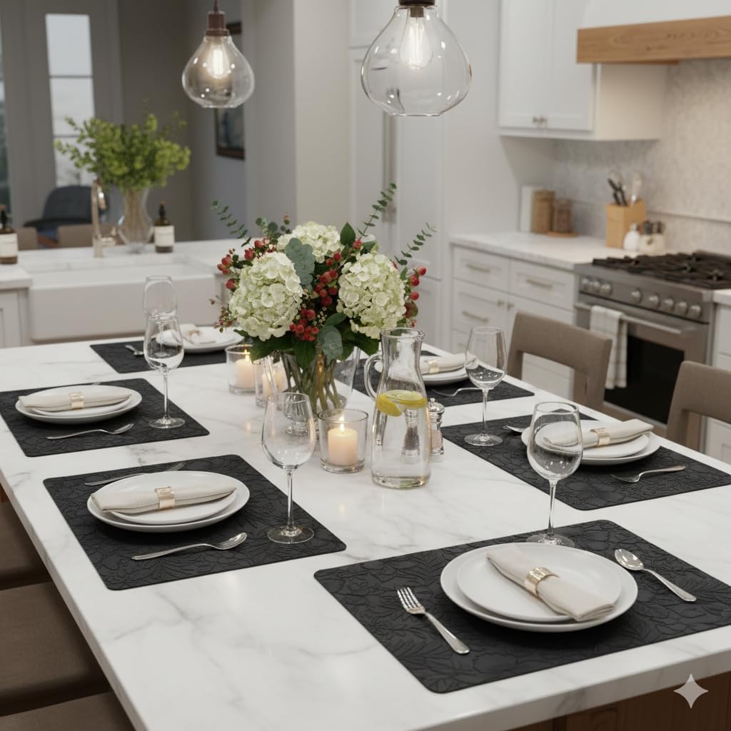 17" × 12" Faux Leather Placemats Set of 6, Black, Washable, Wipeable & Heat-Resistant Table Mats, Waterproof & Anti-Slip Dining Place Mats with Shallow Embossed Texture for Kitchen & Dining & Outdoor