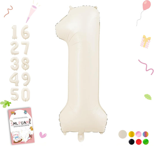 Smlpuame 40 Inch Beige Number 1 Balloon for 1st Birthday Decorations Boys Girls, Large Self Inflating Cream Foil Number 0-9 White Sand 1 Balloons for Women Men Party Anniversary Supplies Baby Shower