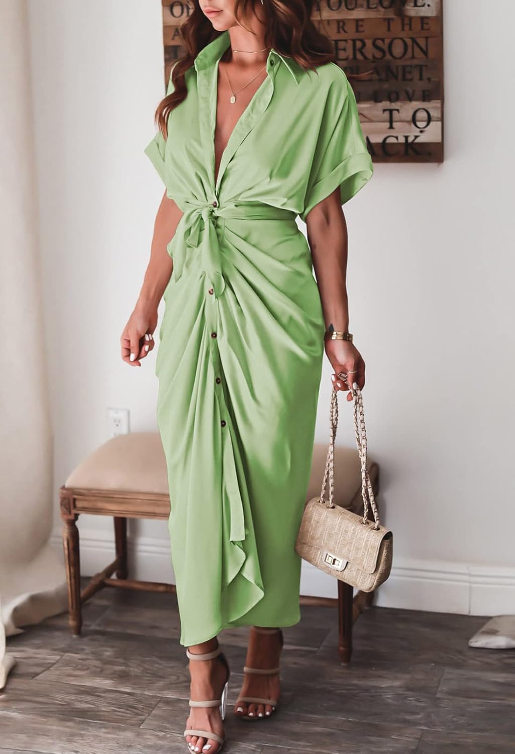 Women Elegant Satin Button Down Short Sleeve Maxi Shirt Dress with Belt
