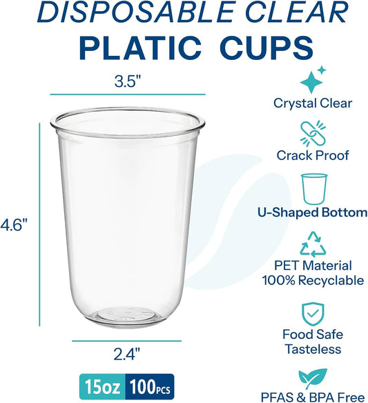 Homestockplus 15 oz Clear PET Plastic Cups 100 Pack - U-Shaped Disposable Open-Top Plastic Cups, Crystal Clear Ice Coffee Cups To Go for Iced Coffee, Smoothies, Bubble Tea & Outdoor Gatherings