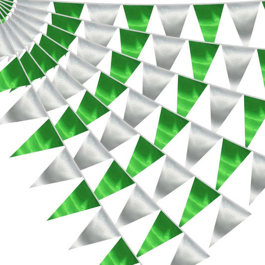 40M/130FT Green Silver Triangle Pennant Banner Flag Metallic Fabric Bunting Garland for Christmas Graduation Wedding Engagement Anniversary Bachelorette Birthday Bridal Shower Hen Party Supplies