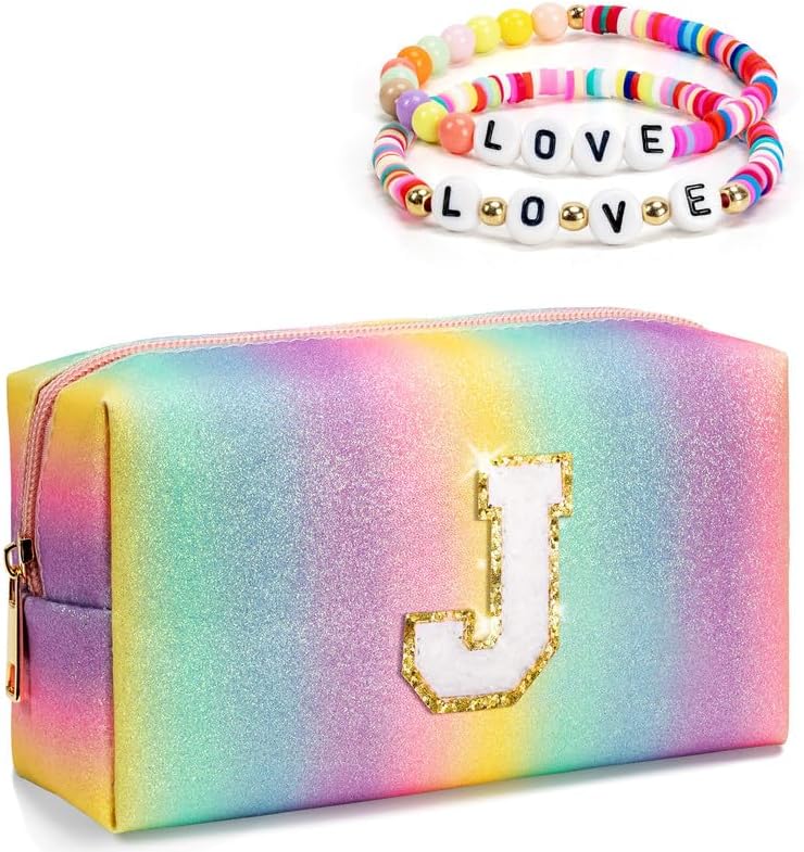 Birthday Gifts for Kids, Initial Makeup Bag with Chenille Letter, Rainbow Zipper Pouch, Girly Stuff for Little Girls Preteen Teens, Personalized Travel Toiletry Bag (Large)