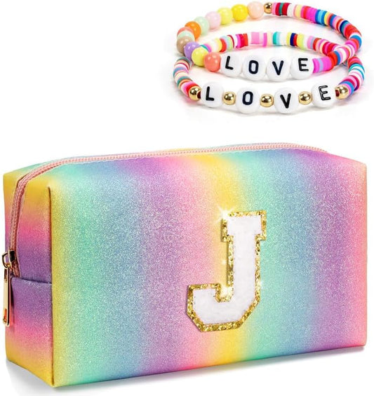 Birthday Gifts for Kids, Initial Makeup Bag with Chenille Letter, Rainbow Zipper Pouch, Girly Stuff for Little Girls Preteen Teens, Personalized Travel Toiletry Bag (Large)