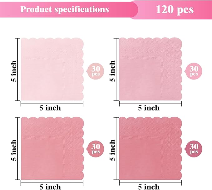 120PCS Gradient Pink Cocktail Party Napkins,Hot Pink Scalloped Beverage Dessert Paper Napkin for Birthday Wedding