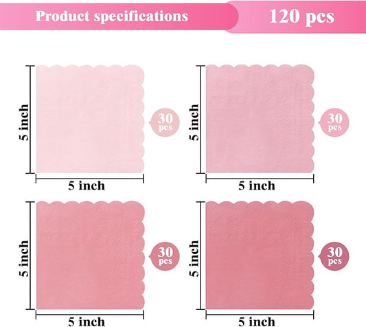 120PCS Gradient Pink Cocktail Party Napkins,Hot Pink Scalloped Beverage Dessert Paper Napkin for Birthday Wedding