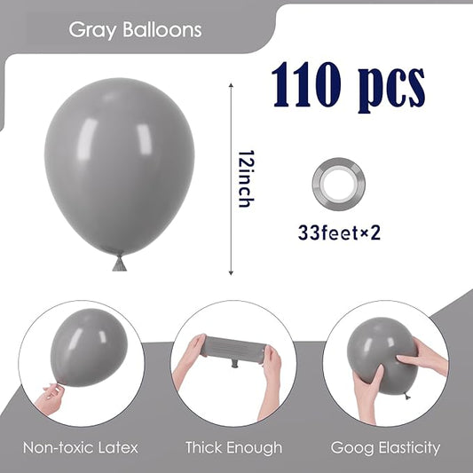 110pcs Gray Balloons 12inch Grey Latex Party Balloons for Graduation, Wedding, Birthday, Gender Reveal, Baby Shower, Bridal Shower, Anniversary Party Decorations