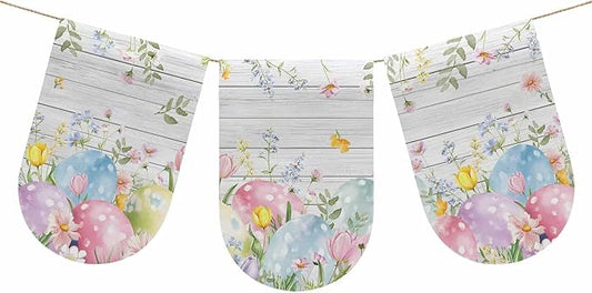 Easter Eggs Banner 3Pcs Indoor Outdoor Hanging Banner Flag Spring Daisy Eucalyptus Leaves Gray Wooden Sign for Fireplace Mantel Decorative Bunting Garland Valance for Shop Door Mantle Decor 9.8"x15.8"