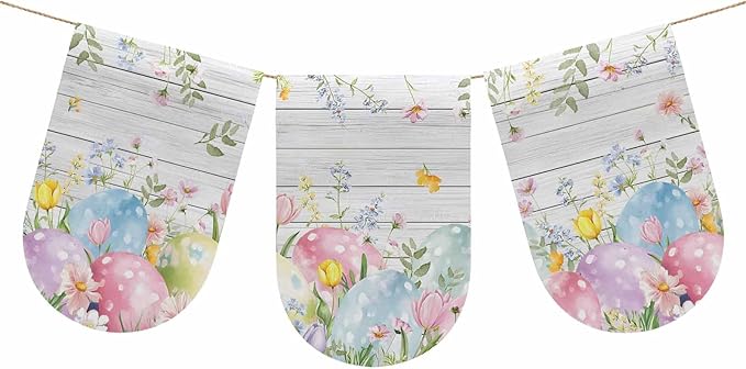 Easter Eggs Banner 3Pcs Indoor Outdoor Hanging Banner Flag Spring Daisy Eucalyptus Leaves Gray Wooden Sign for Fireplace Mantel Decorative Bunting Garland Valance for Shop Door Mantle Decor 7.9"x11.8"