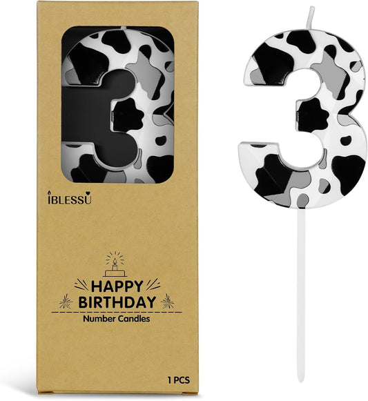Number 3 Black Cow Birthday Candles，2.68 inch Metallic 3D Cow Birthday Candles, Cow Themed Cake Topper Decorations for Birthday Party Anniversary Celebration Supplies