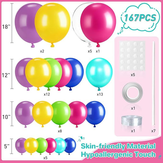 Colorful Rainbow Balloon Garland Arch Kit, 167Pcs Multicolor Neon Primary Color Balloons for Birthday Summer Pool Tropical Theme Carnival Party Decorations