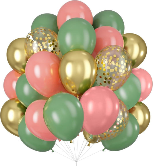 Green Pink Balloons 12inch 60pcs Sage Green Dusty Pink Balloons for Jungle Birthday Party Decorations Metallic Gold Confetti Helium Latex Balloon Bridal Shower Wedding Wildflower Baby in Bloom