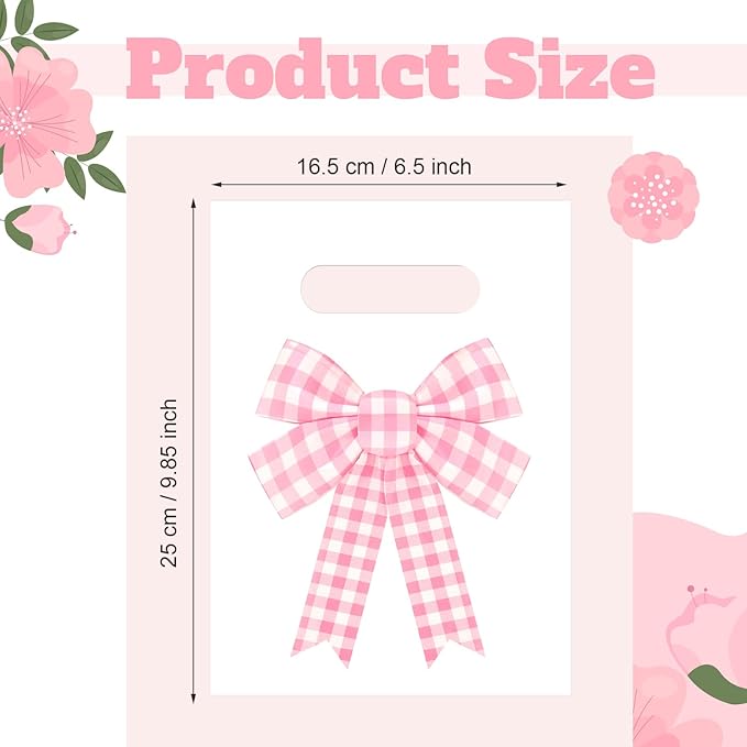 Supervitae 100 Pcs Pink Bow Gift Bags Coquette Plaid Bow Party Favor Plastic Bags Bulk with Handle for Birthday Wedding Bridal Shower Spring Easter Pastel Goodie Treat Bachelorette Party Supplies