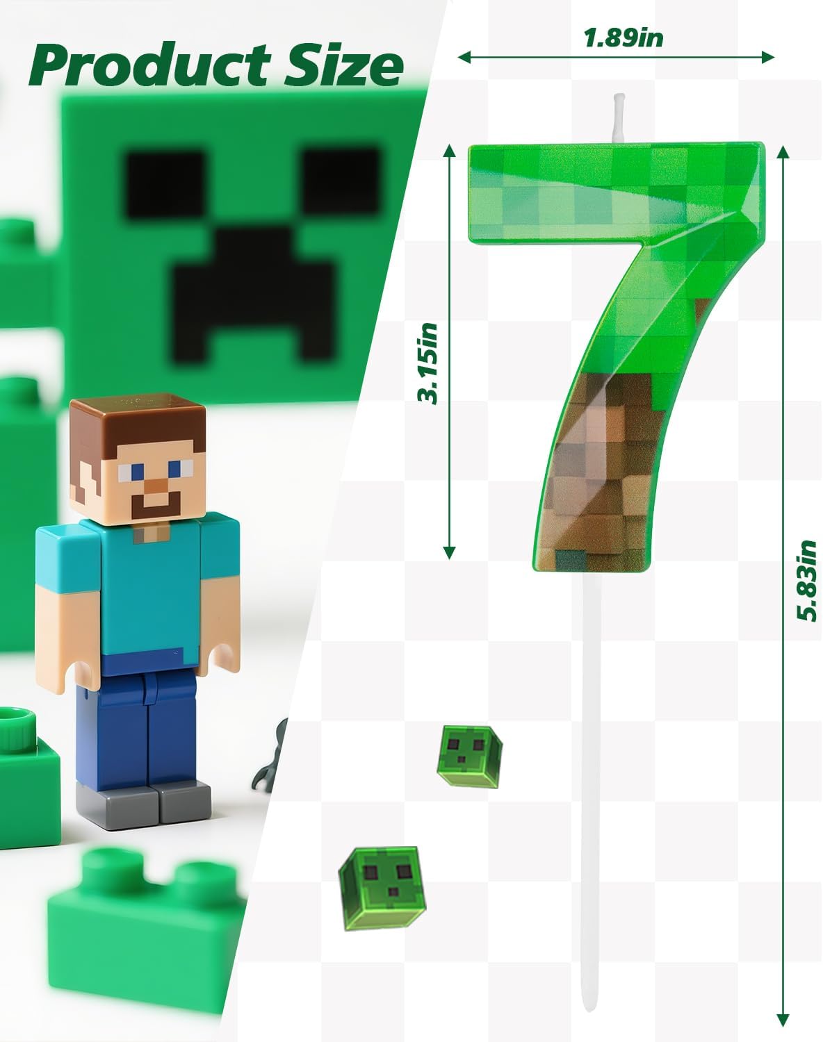 Pixel Birthday Candle, 2.68 Inch Miner Number Candles, Game Themed Candle Birthday Decoration for Pixel Theme Birthday Anniversary Dynamite Video Game Party (Green, 7)