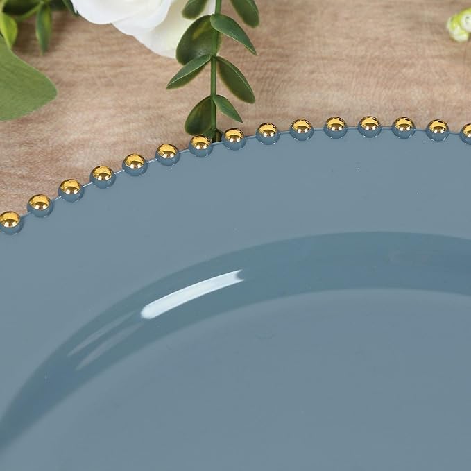 Efavormart 10-Pack Economy Plastic Charger Plates 13" Round Dusty Blue with Gold Beaded Rim - Stylish Dinner Party Serving Plates