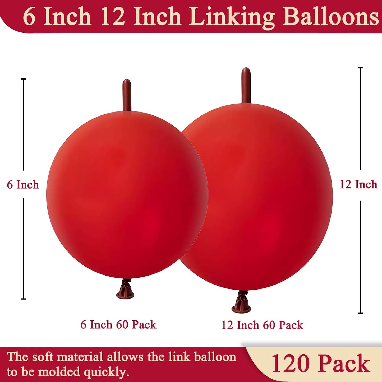 Dark Red Link Balloons 6 & 12 Inch – 120 Pcs Latex Linking Balloons for Wedding & Party Decor