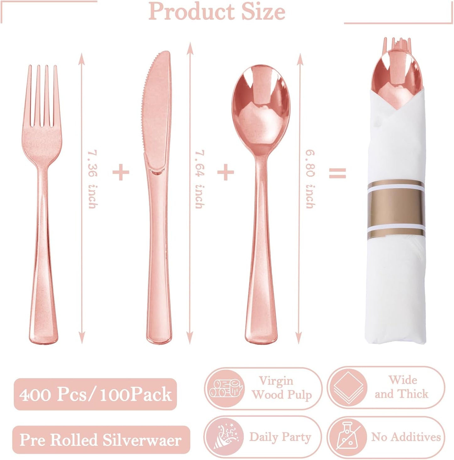 Supernal 100 Pack Rose Gold Plastic Silverware, Wrapped Silverware Set Disposable, Wrapped Plastic Cutlery Set with Napkin, Rose Gold Disposable Cutlery Set for Wedding, Party, Birthday