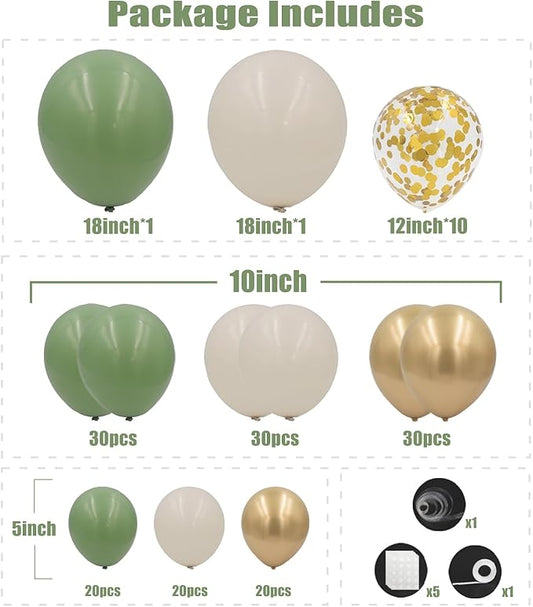 Sage Green Balloon Arch Kit, 162pcs Sage Green Sand White Gold Confetti Balloon Garland for Engagement Wedding Baby Shower Balloons Gender Reveal Birthday Party Decorations