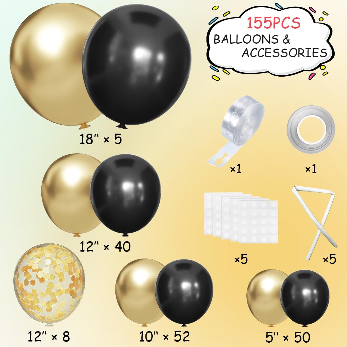 155Pcs Black and Gold Balloon Garland Arch Kit with Gold Confetti Balloons for Graduation New Year Birthday Wedding Party Decorations