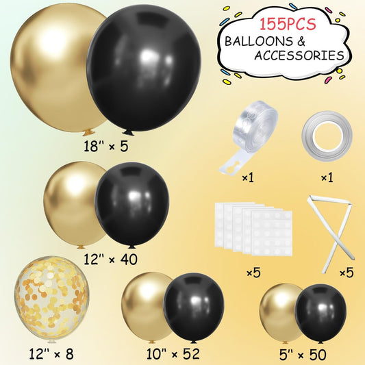 155Pcs Black and Gold Balloon Garland Arch Kit with Gold Confetti Balloons for Graduation New Year Birthday Wedding Party Decorations