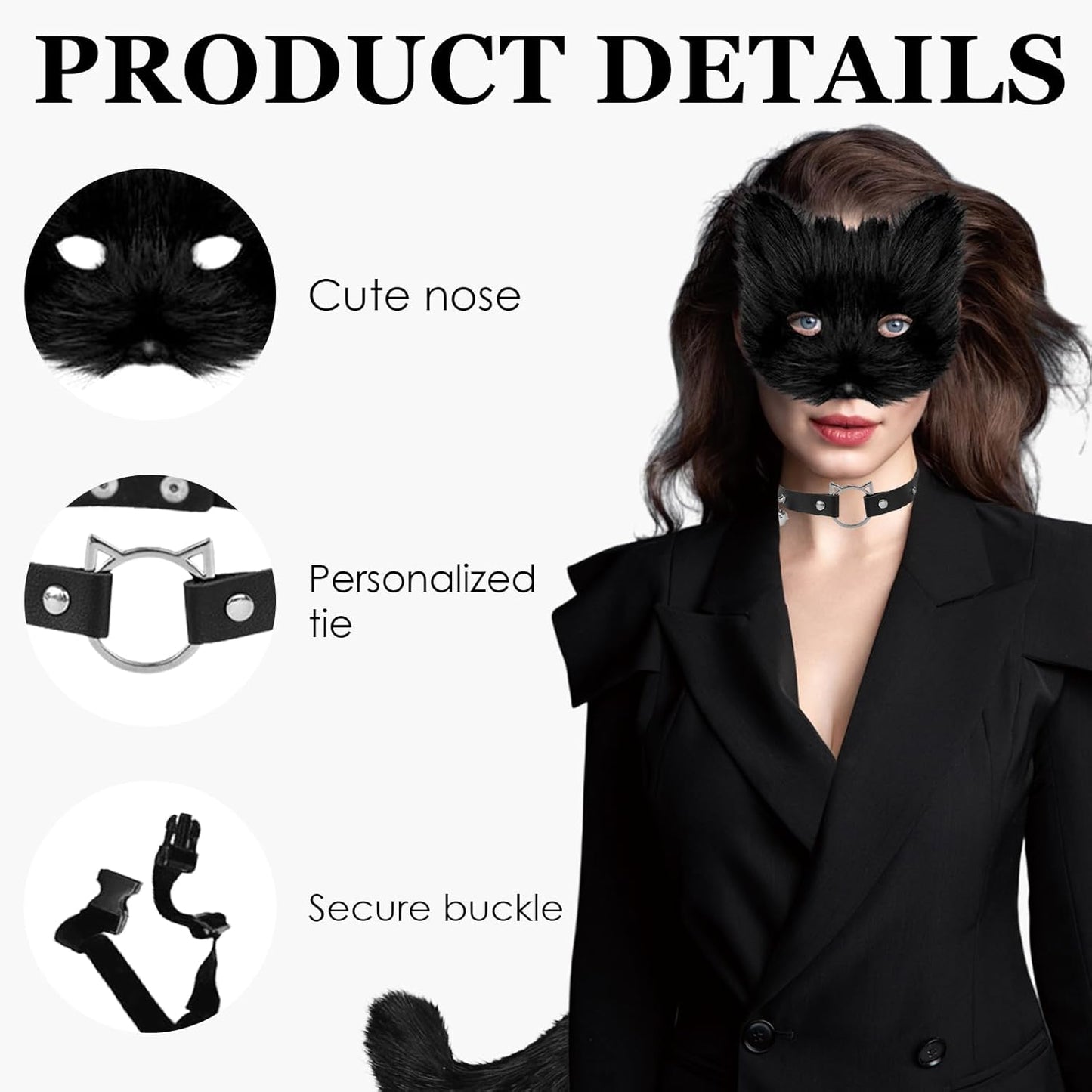 3 Pcs Furry Cat Mask Set, Faux Fur Fox Mask and Tail Set, Halloween Party Cosplay Costume Accessory,Wolf Masks and Leather Necklace for Halloween Parties, Themed Role-playing Parties (black)