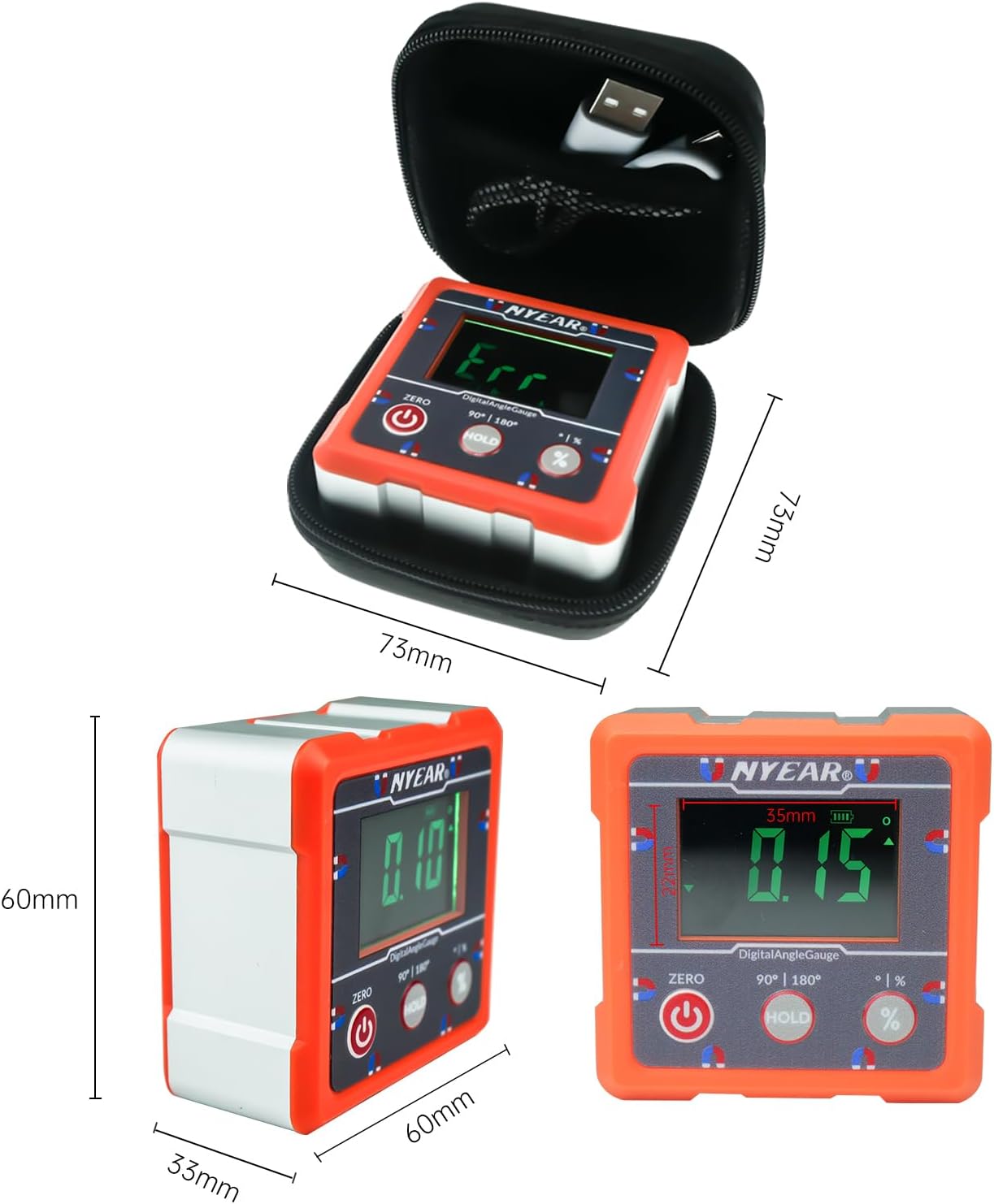 NYEAR Digital Electronic Angle Gauge Type-C Rechargeable, Four sided strong magnet, IP67 waterproof rating, Measures 0-90 and 0-180 Degree Ranges, Measures and Sets Angles or TAN