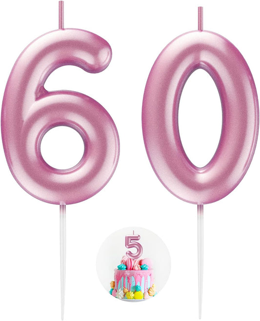 Pink Number 60 Candle Happy Birthday 3D Number Candles for Birthday Cake Party Decoration Wedding Anniversary Celebration Supplies