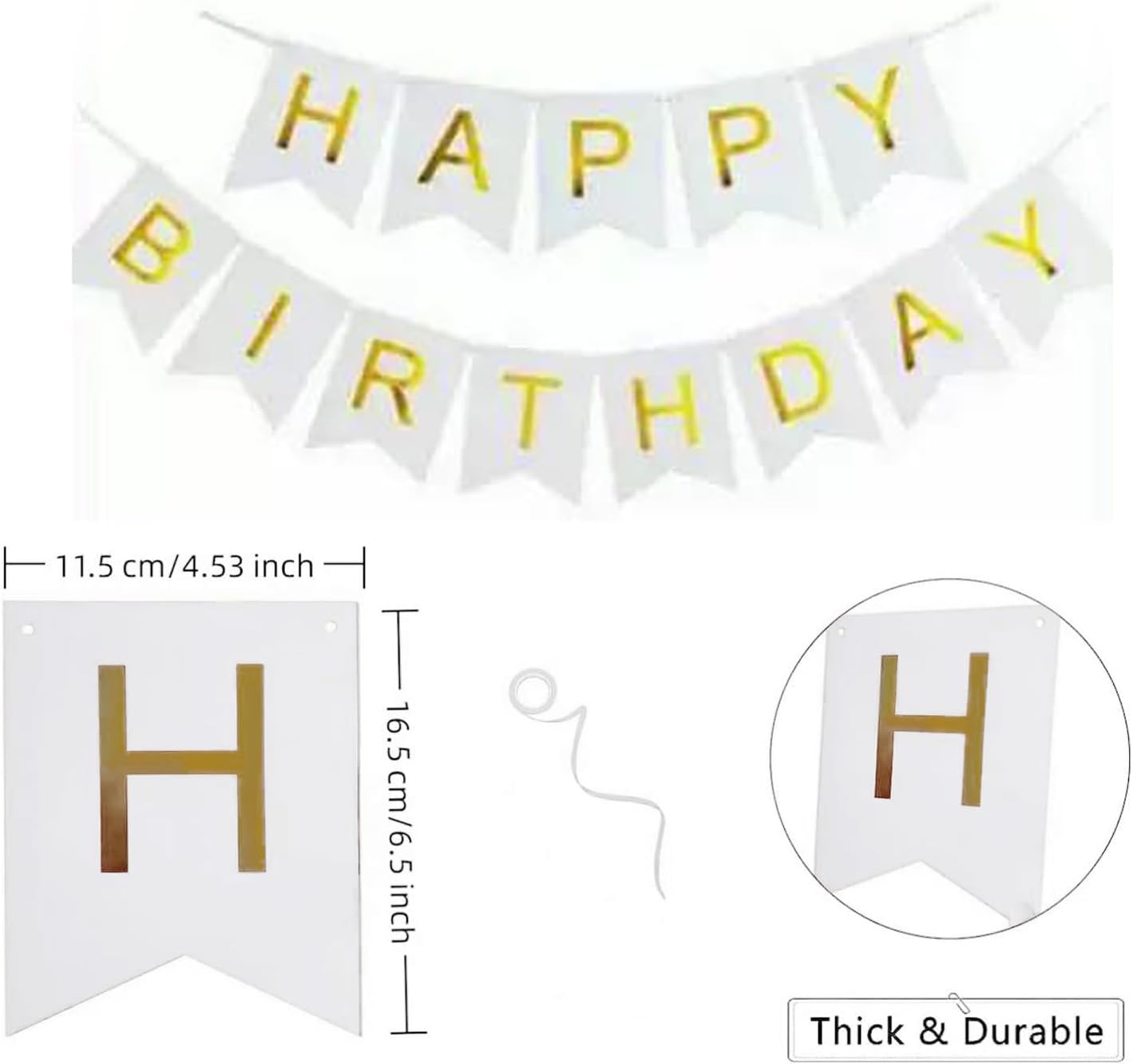 White Happy Birthday Banner - Large Gold Lettered Decor for Birthday Party, Reusable Black & Gold Party Supplies for Boys, Girls, Men, Women