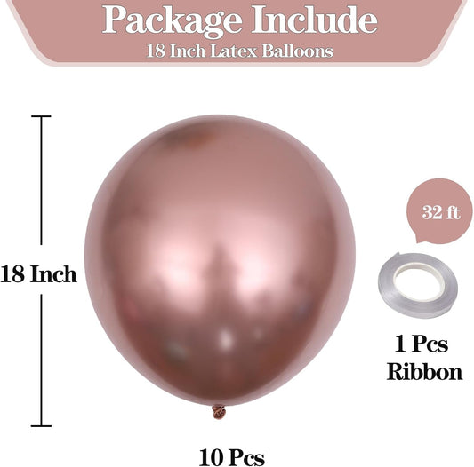 10pcs 18 inch Metallic Rose Gold Balloons, Thick Latex Chrome Helium Balloons for Birthday Family Party Wedding Party Baby Shower Decoration Supplies