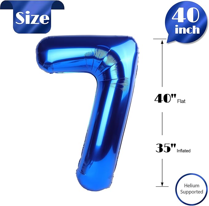 Metallic Blue Number 7 Balloon 40 Inch, 7th Birthday Party Decorations for Children, Giant 7 Foil Balloon for Party Supplies