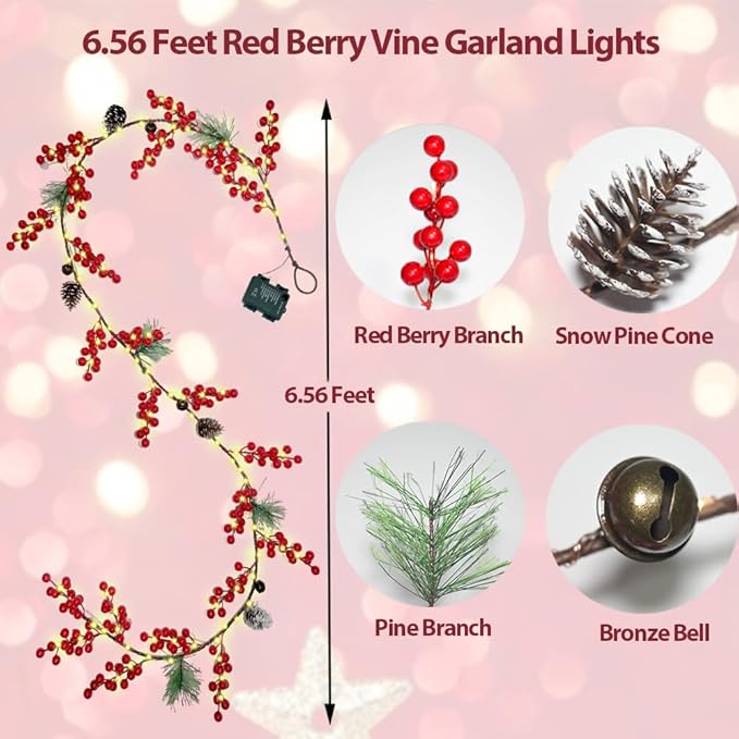 6.56FT Christmas Garland Decorations Red Berry Garlands with Lights 96 Fairy LED Lights Lighted Pine Garland for Mantle Fireplace Table Stairs Railing Xmas Tree Indoor Outdoor Winter Holiday Decor