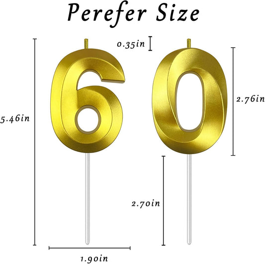 Gold Number 60 Candles, 3D Diamond 2.76 Inch Cake Topper Birthday Candles for Wedding Anniversary Cake Decorations, Happy Birthday Party Decorations