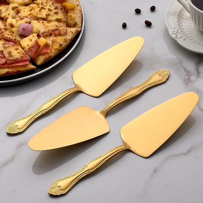 Deeny Jarte 3-Piece Matte Gold Cake Server Set - 9.3-Inch Stainless Steel Cake Server Spatula with Decorative Rose Handle – Rust-Resistant, Dishwasher Safe, for Weddings, Birthdays