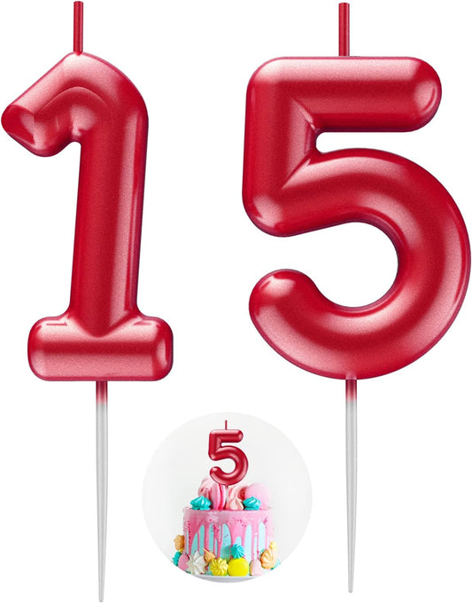 Red Number 15 Candle Happy Birthday 3D Number Candles for Birthday Cake Party Decoration Wedding Anniversary Celebration Supplies