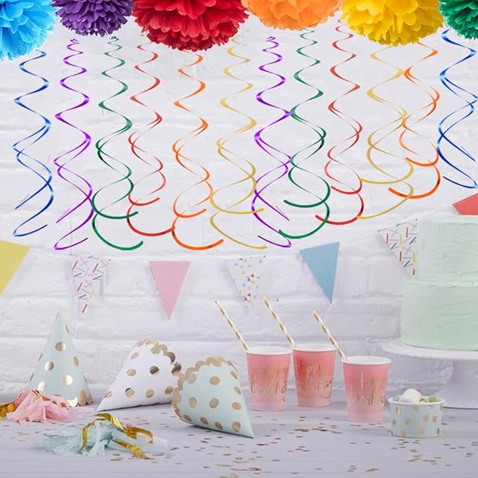 MOWO Colorful Rainbow Foil Swirl Hanging Decoration Streamer for Birthday Graduation Wedding Pride Theme Party Supplies, Gold Red Orange Green Blue and Purple, Pack of 18