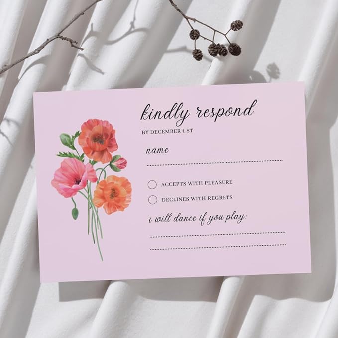 Personalized Wedding RSVP Cards On Glossy Thick Card With Envelope, Personalized Reponse, 5 x 3.5 Inches, Set of 15 Custom Cards with White Envelopes (Pink)