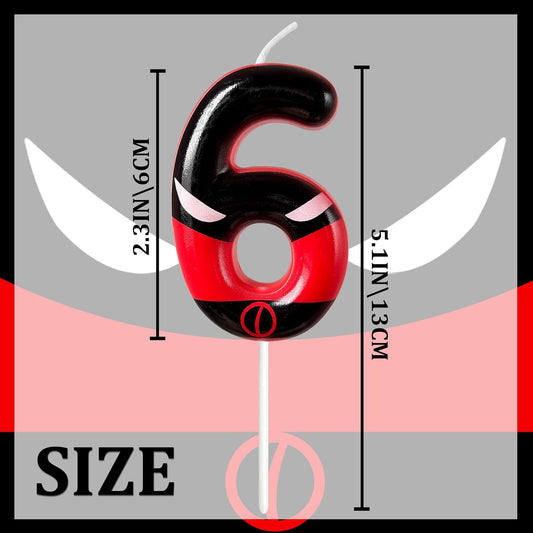 Black Red Mask Number 6 Birthday Candles - Comic Themed Cake Topper for Birthday Decorations Supplies, 6 Candle Party Favors (Number 6)