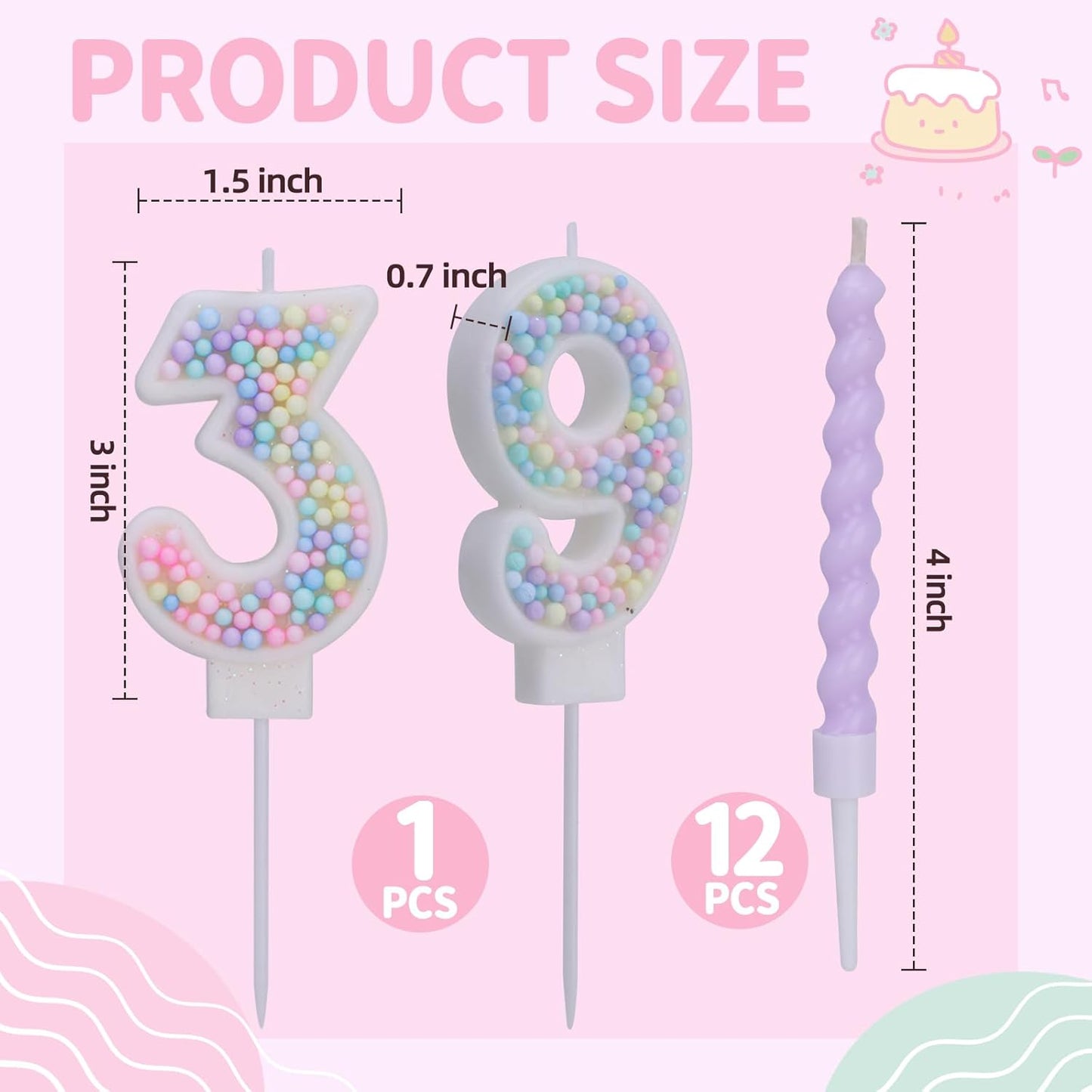 Number Birthday Candles for Cake with 12 Pieces Spiral Candles with Macaron Pastel Rainbow Pink Cake Toppers for Girls Happy Birthday Party Decorations (Number 3)